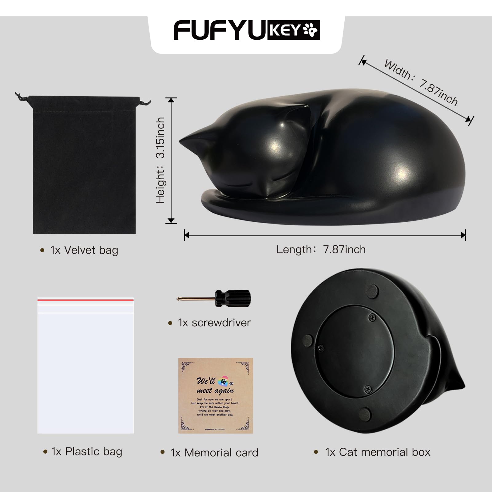 Fufyukey Cat Urn, Black Resin, Sleeping Kitty Pet Memorial Keepsake Funeral Urn For Cats Ashes, Up To 8Kg, 7.87 X 7.87 X 3.15 In