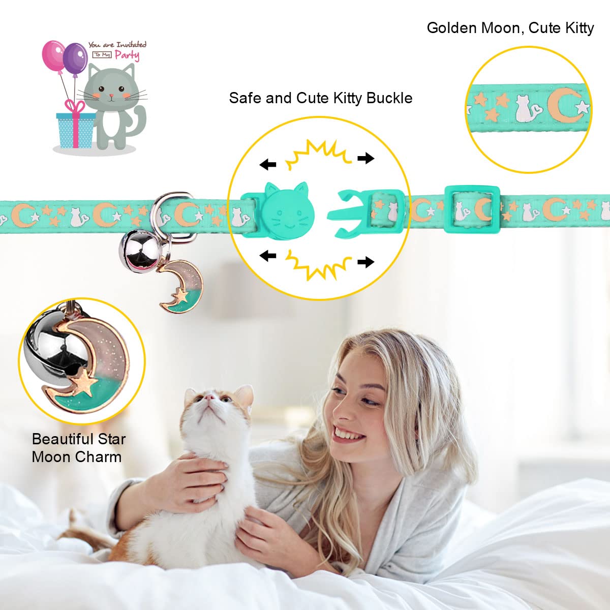 2Pcs Breakaway Cat Collars With Bell Moons Stars Cute Kitty Adjustable Safe Kitten Collars With Pendant Glow In The Dark(Purple&