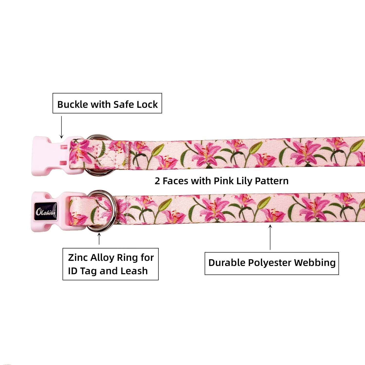 Olahibi Dog Collar And Leash Set, Lily Floral Pattern, Polyester Material, 5Ft Leash, For Large Dogs.(L, Pink Lily)