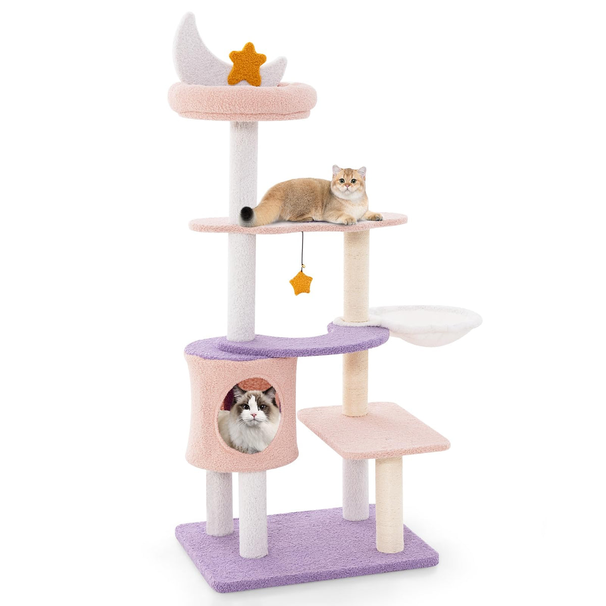 Tangkula Cat Tree Tower, 55 Inch Multi-Level Cat Tower With Cat Condo, Sisal Scratching Posts, Moon Star Plush Perch, Hammock, Cloud Platforms, Dangling Toys, Cute Purple Pink Cat Tree For Indoor Cats