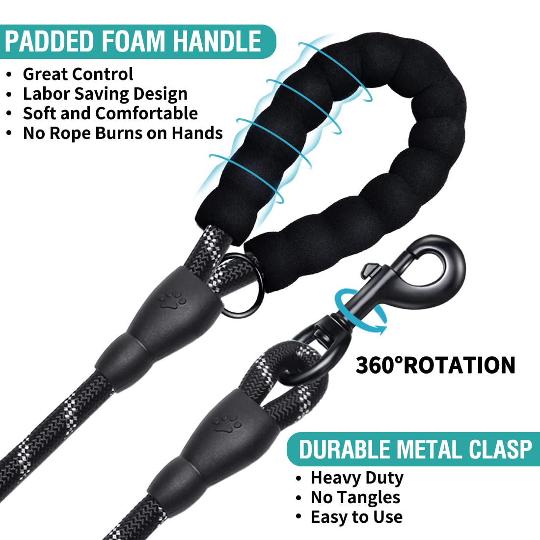 COOYOO 2 Pack Dog Leash 5 FT Heavy Duty - Comfortable Padded Handle - Reflective Dog Leash for Medium Large Dogs with Collapsibl