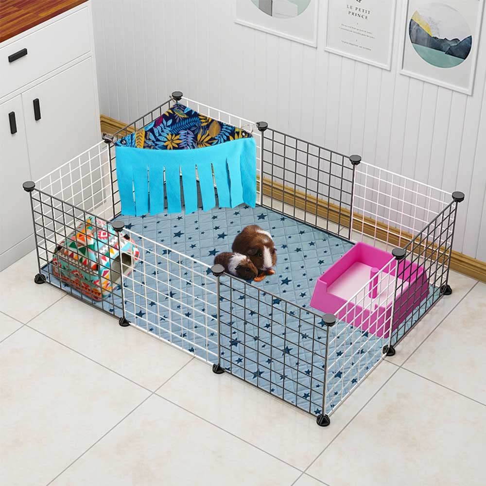 Rioussi Guinea Pig Hideout Hideaway Corner Fleece Toys Cage Accessories With Reversible Sides, Blue Leaves