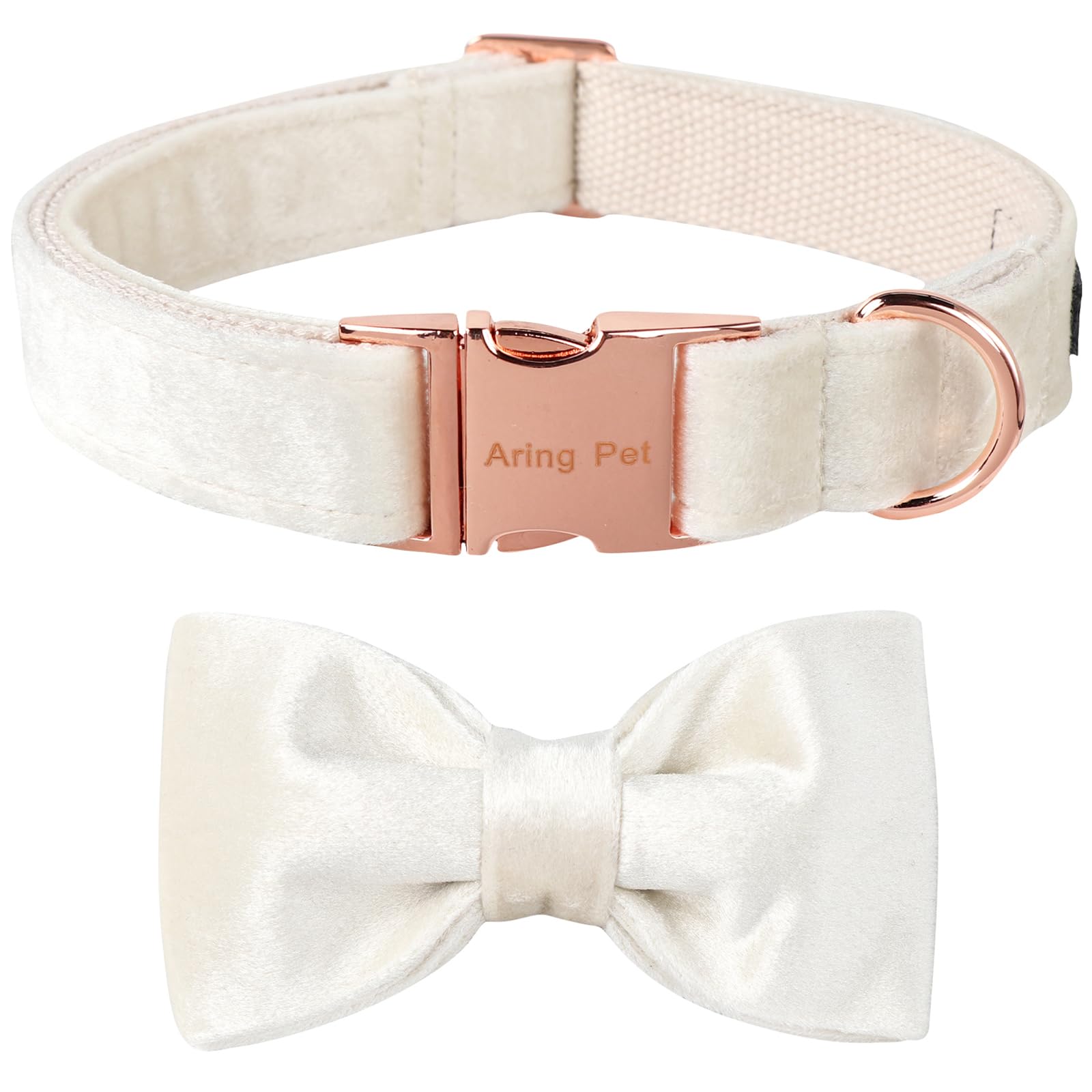 ARING PET Bowtie Dog Collar-Velvet Dog Collars with Detachable Bowtie, White Wedding Soft Dog Collar,Large.