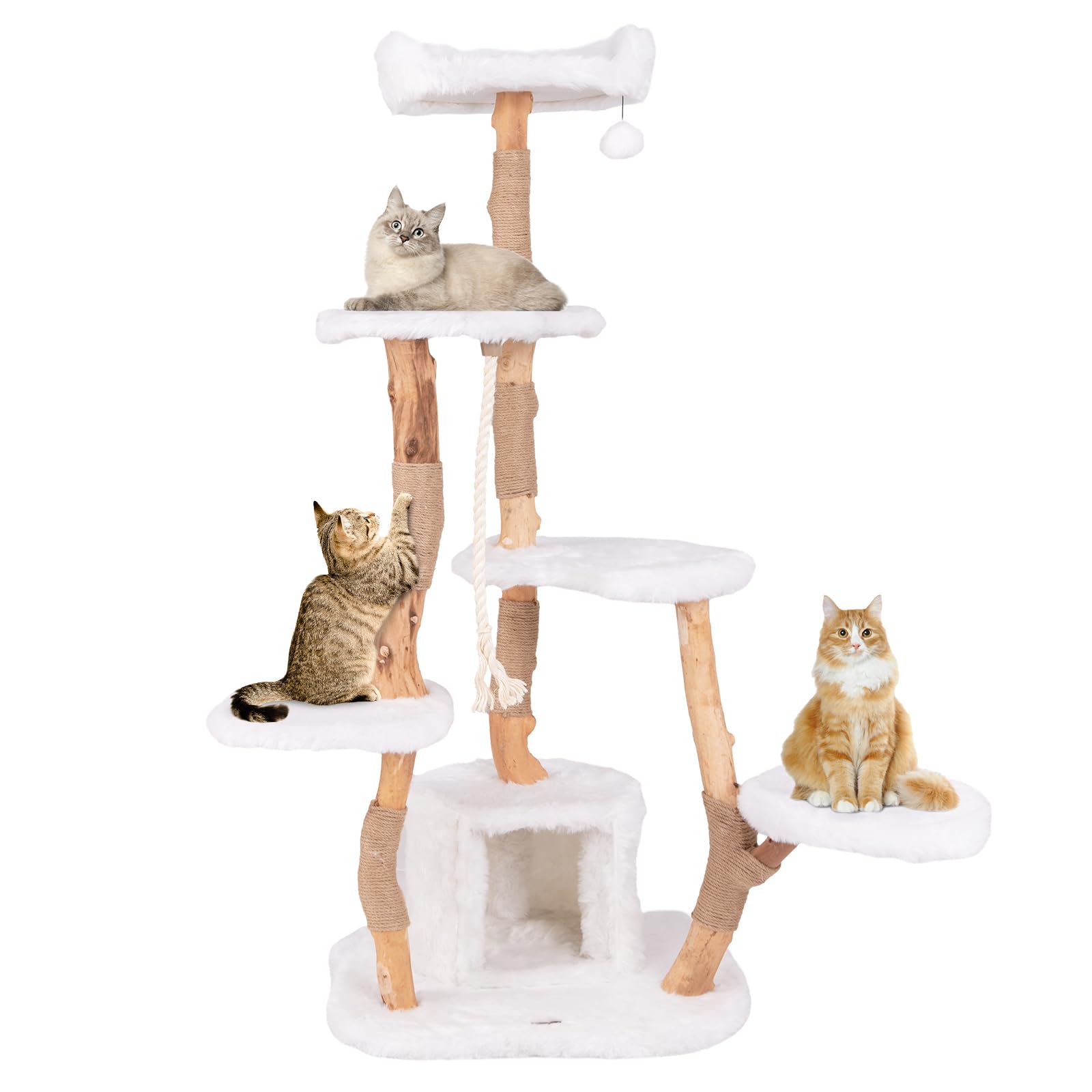 PETSITE 66 inch Tall Wooden Cat Tree Tower, Multi-Level Cat Tower with Jute Scratching Posts, Sisal Rope, Cat Condo, and Danglin