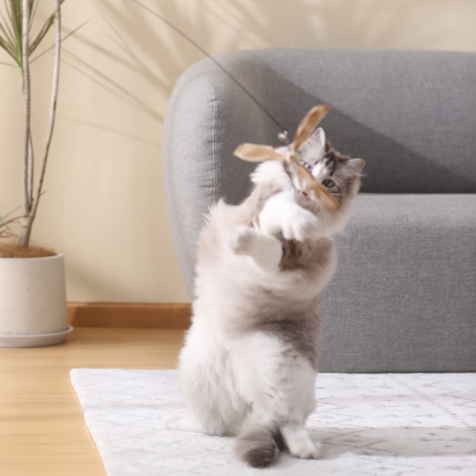 Fukumaru Cat Wand Toy, 35.5 Inch Cat Feather Propeller Toy With Bell, Steel Wire Cat Toy For Indoor Cats With Natural Feather
