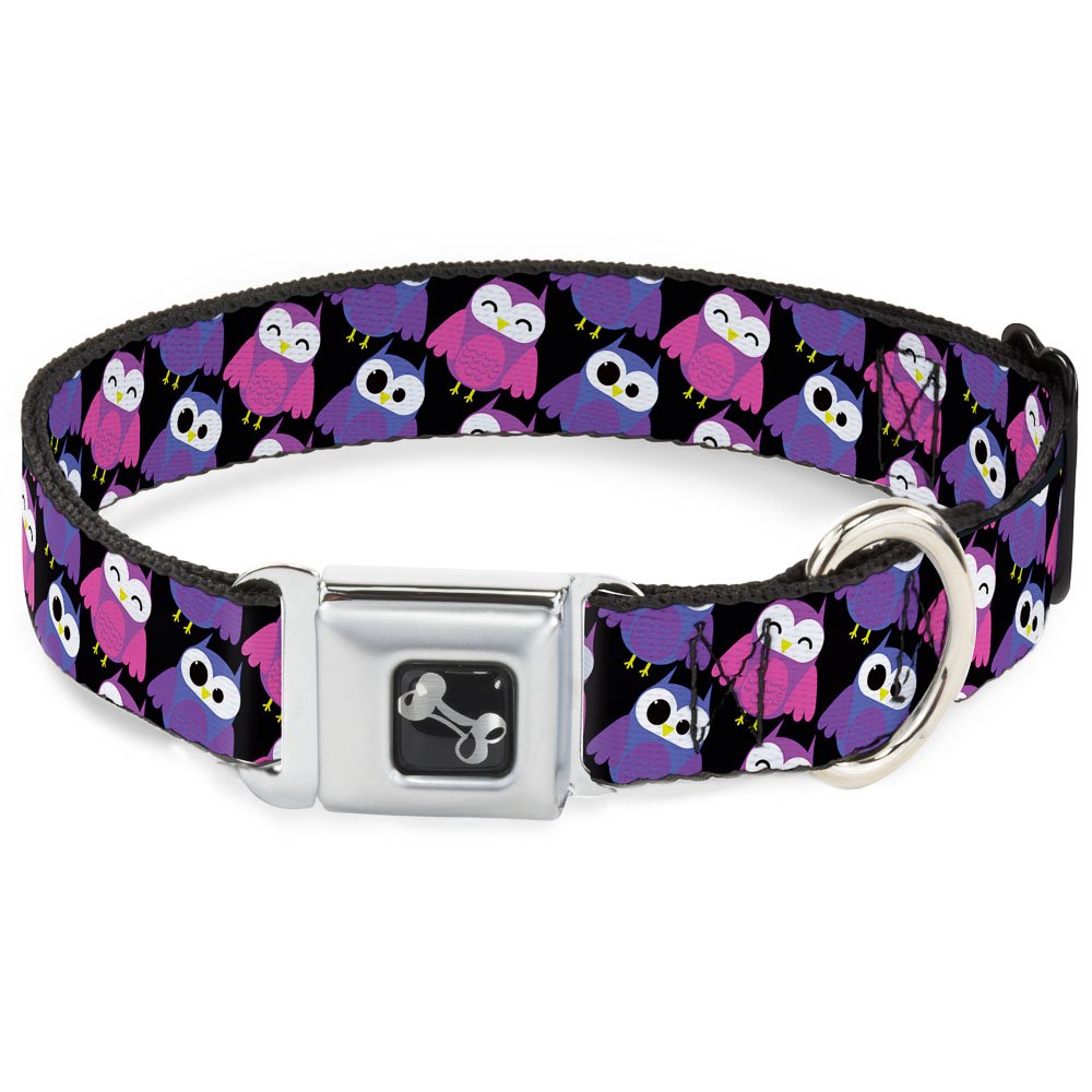 Dog Collar Seatbelt Buckle Owl Eyes Black Purples Pinks 13 to 18 Inches 1.5 Inch Wide
