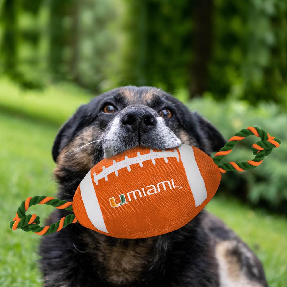Pets First NCAA Miami Hurricanes Football Dog Toy, Tough Quality Nylon Materials, Strong Pull Ropes, Inner Squeaker, Collegiate