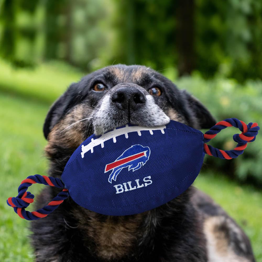 Pets First NFL Buffalo Bills Football Dog Toy, Tough Quality Nylon Materials, Strong Pull Ropes, Inner Squeaker, NFL Team Color