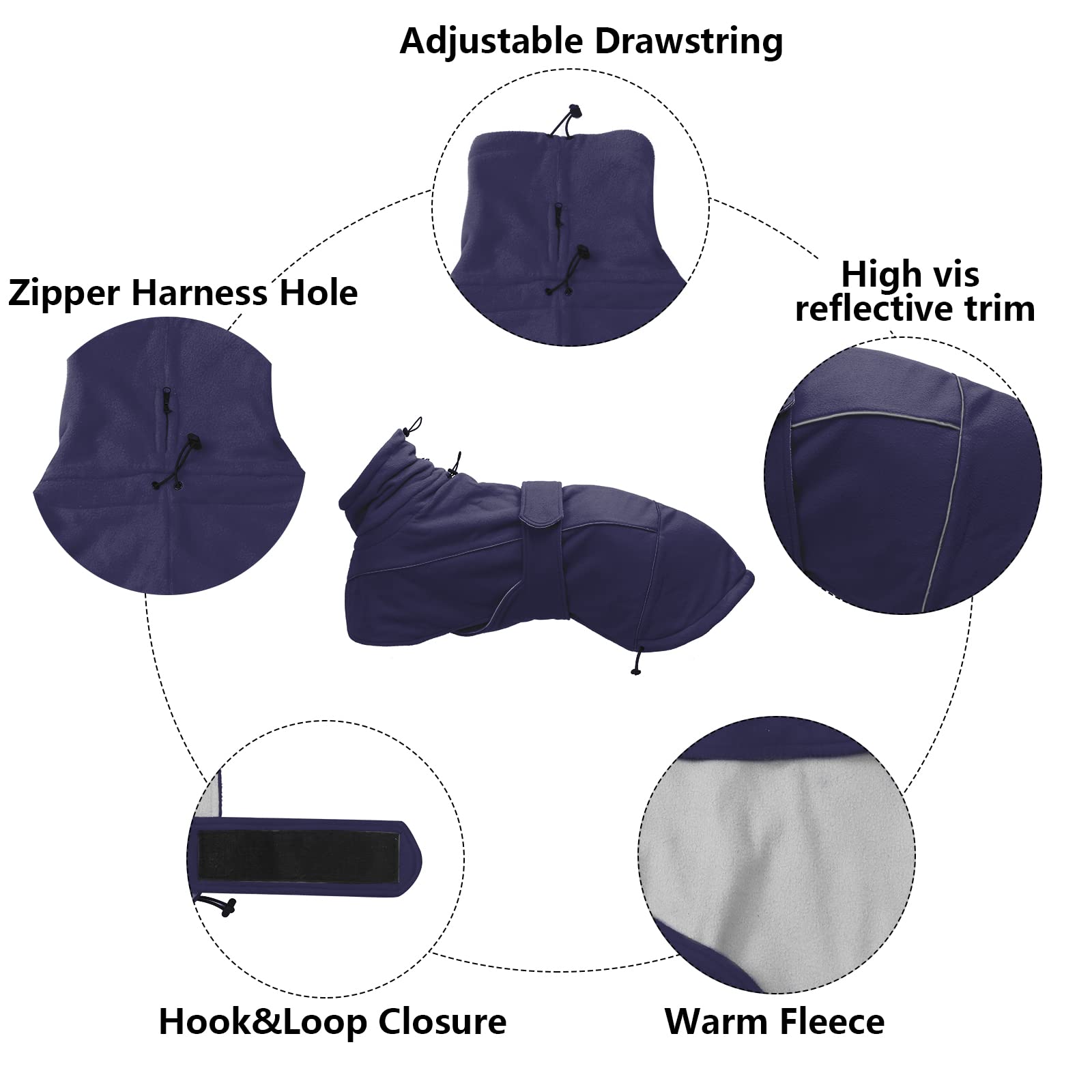 Greyhound Lurcher Winter Coat, Whippet Warm Coat With Fleece, Water Resistant Dog Jacket With Adjustable Bands And Zipper Harness Hole - Navy - Xsmall