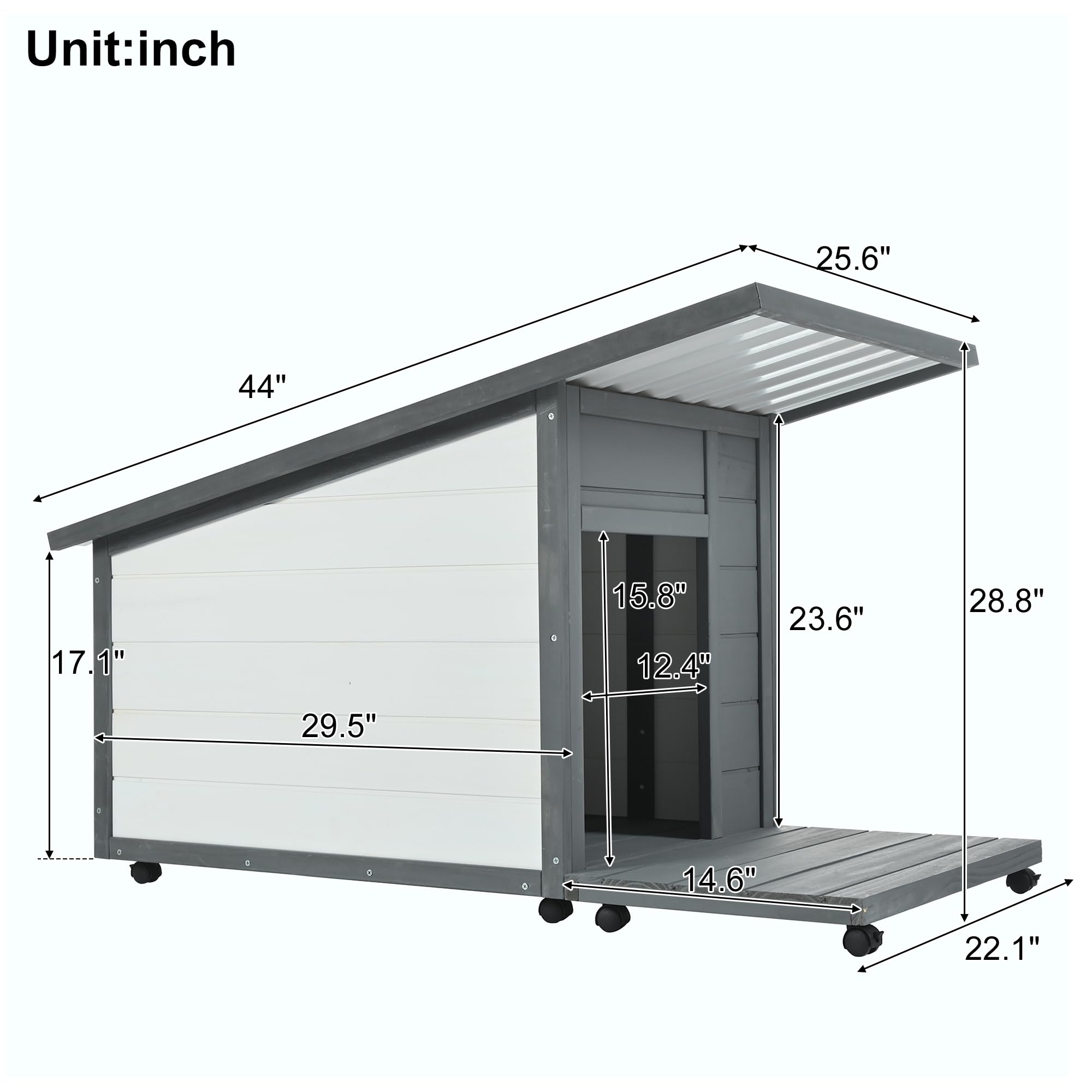 Yopto Dog House With Terrace,Weatherproof Pvc Roof Small Dogs Kennel W/ 2 Feeding Stainless Bowls And 4 Wheels,Indoor & Outdoor