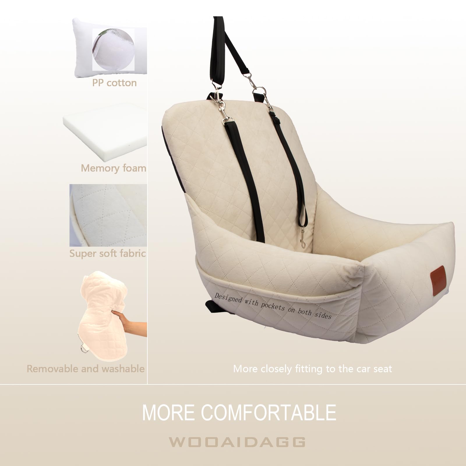 WOOAIDAGG Dog Car Seat for Small Dogs,Ultra-Soft Fabric,2 Storage Pockets & Safety Leash,Adjustable Straps,Easy to Install,Fully