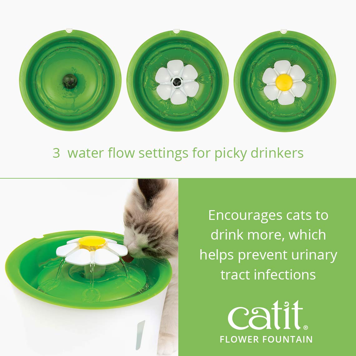 Catit Flower Fountain With Triple Action Filter, Cat Drinking Water Fountain, 3 L, Green