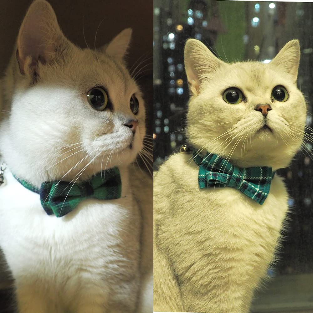 Pipidog Cat Collar Breakaway With Bell And Bow Tie, Plaid Design Adjustable Safety Kitty Kitten Collars(6.8-10.8In) (Green&Cyan