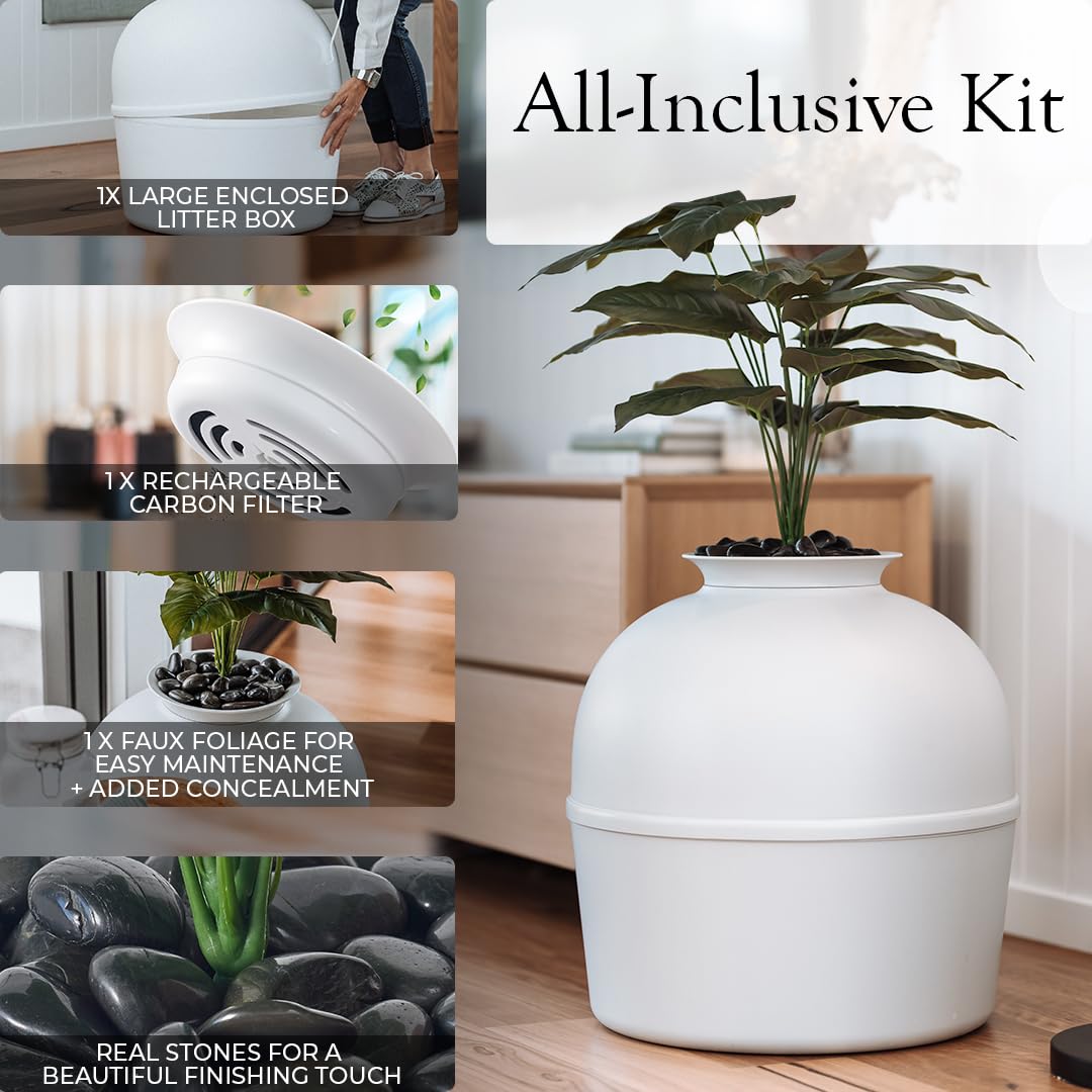 Secret Litter Box By Bundle & Bliss - Hidden Litter Box Enclosure, Patented Design With Odor Control, Includes Faux Plant, Carbo