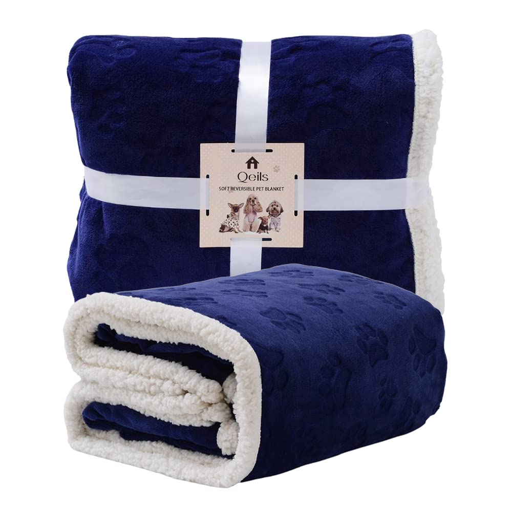 Qeils Dog Blankets For Large Dogs - Waterproof Cat Blanket Washable - Sherpa Fleece Puppy Blanket, Soft Plush Reversible Throw Protector For Bed Couch Car Sofa, 60'X80', Navy Blue