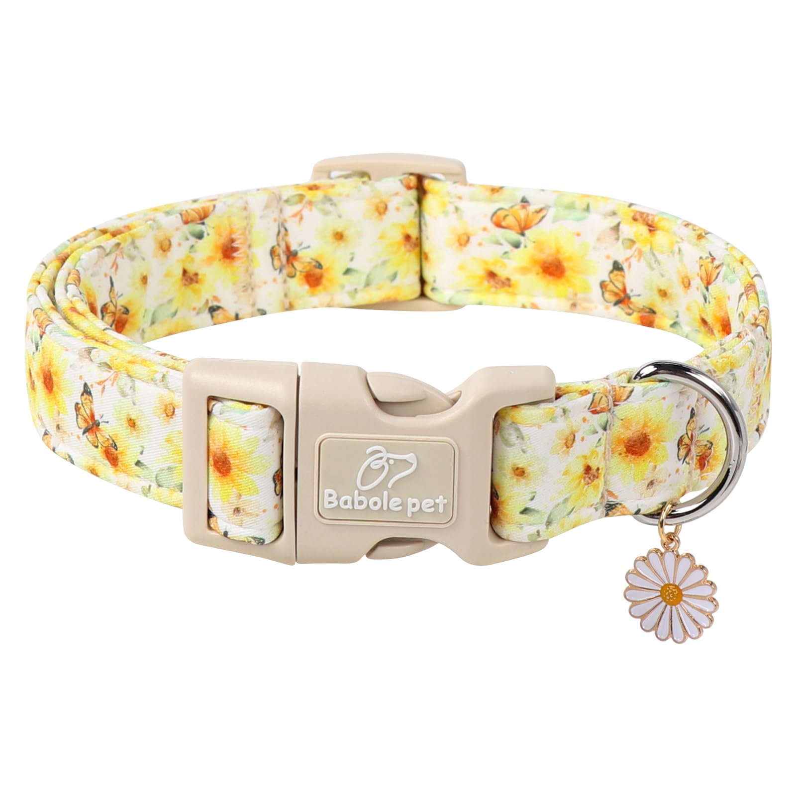 Babole Pet Adjustable Floral Dog Collar, Yellow Sunflower&Butterfly Dog Collars For Puppy & Tiny Dogs, Lightweight Quick-Release