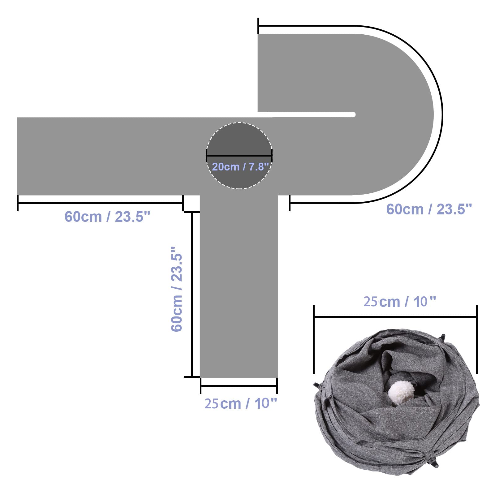 Ownpets Cat Tunnel Large 3 Way Collapsible Cloth Pet Tunnel Tube With Plush Ball & Feather Toy, U-Shaped Cat Play Tunnel For Indoor Cat, Puppy, Kitty, Kitten, Rabbit(Gray)