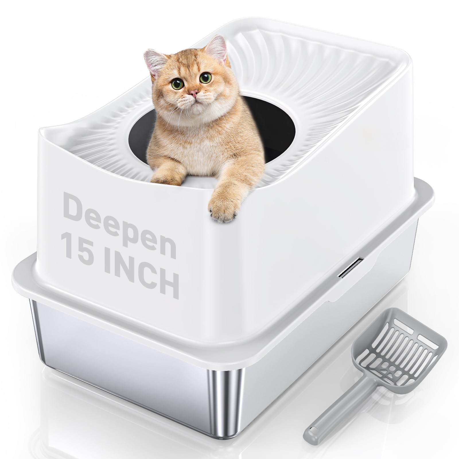Woofigo Stainless Steel Cat Litter Box, Large Top Entry Litter Box For Big Cats, Enclosed Kitty Litter Pan With Lid, Metal Cat Box Never Absorbs Odors, Easily Cleaning, Include Scoop