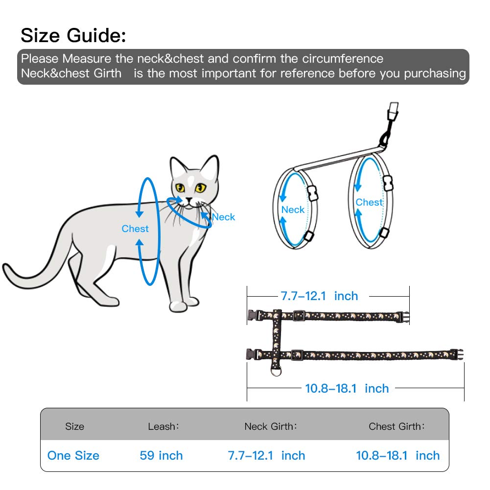 Cat Harness And Leash Set Gold Moons Stars Soft Nylon Escape Proof Adjustable For Kittens Small Animals Glow In The Dark (Black)