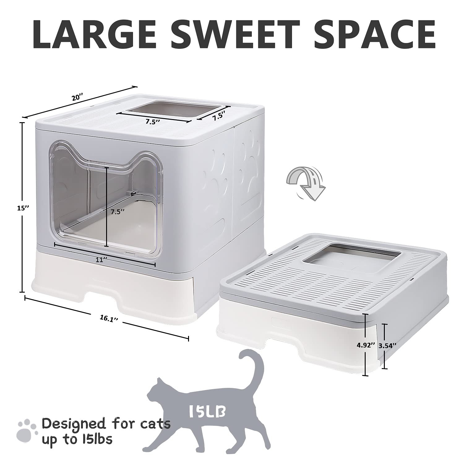Foldable Cat Litter Box With Lid, Enclosed Cat Potty, Top Entry Anti-Splashing Cat Toilet, Easy To Clean Including Cat Litter Scoop And 2-1 Cleaning Brush (Grey), Large