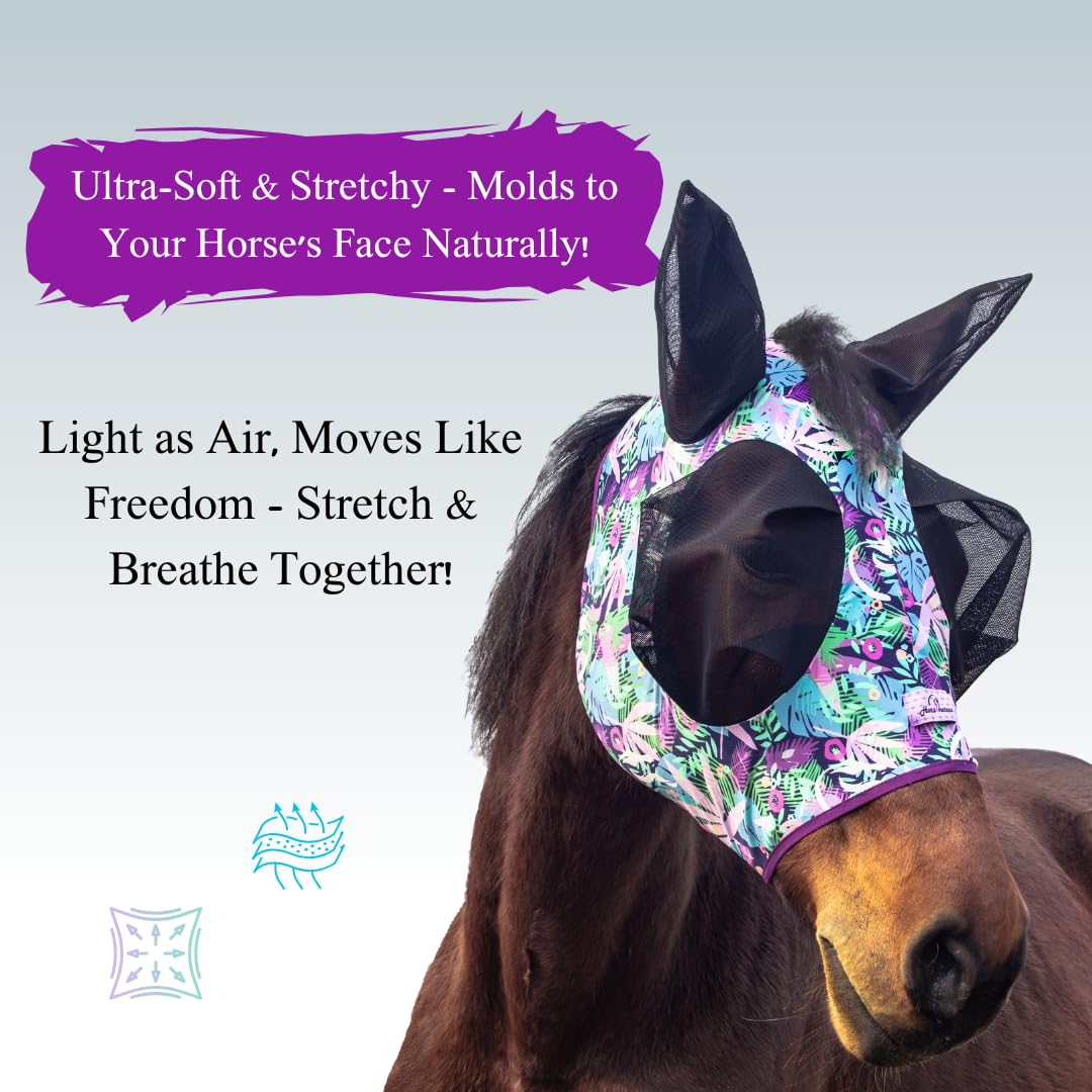 Horzmetnex Stretchy Horse Fly Mask with Ears,Extra-Large Eyes & Mane Opening - Soft, Breathable Fly Mask for Horses, Tangle-Free