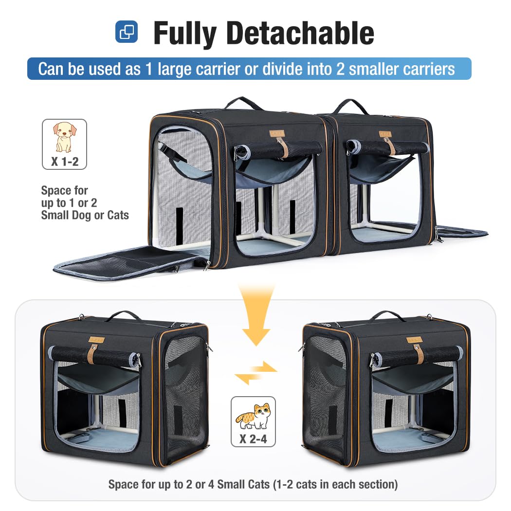 Lekereise 2-in-1 Large Cat Carrier for 2 Cats up to 35 Lbs, (17.7 *2)*16.5 *13  Car Travel Carrier with Litter Box, Bowl, and Lo