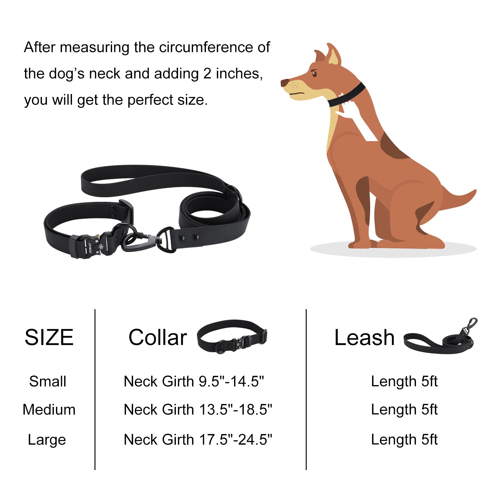 Jipimon Waterproof Dog Collar And Leash Set Adjustable Quick Release Buckle Collar Leash For Small Medium Large Dogs (Medium, Black)