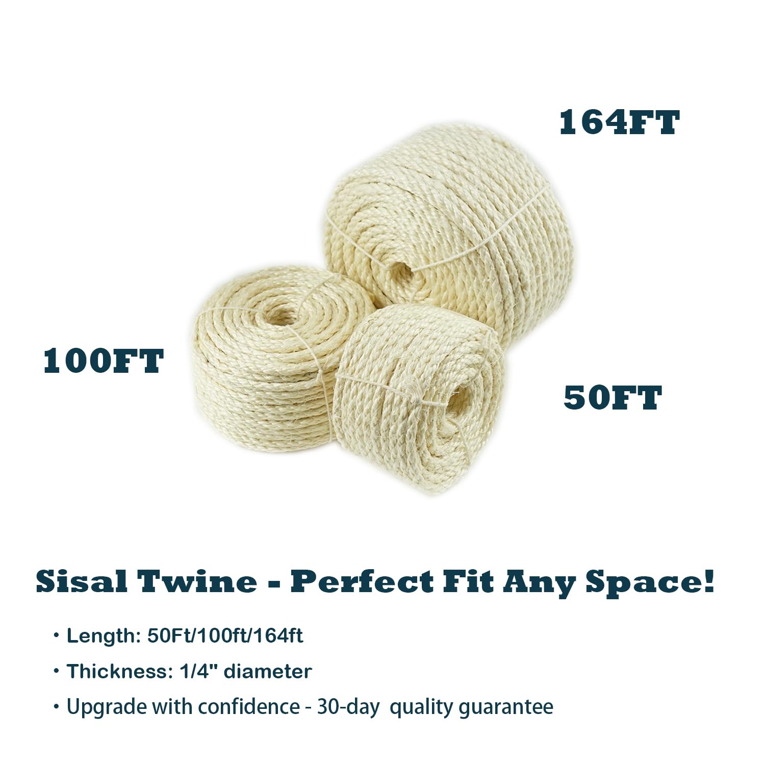 Treasborn Natural Sisal White Rope For Cat Scratcher Scratching Post Replacement 1/4 Inch Cat Tree Rope For Repairing, Recovering Or Diy Cat Scratcher 50/100/164 Feet