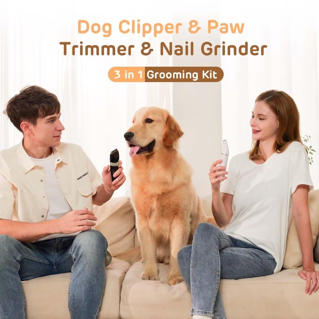 Heapets Dog Hair Clippers For Grooming Kit And Dog Paw Trimmer Nail Grinder For Grooming, Low Noise Rechargeable Cordless, Shave