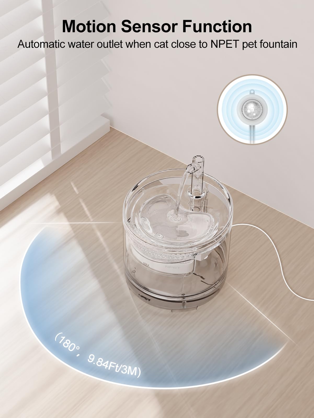 Npet Cat Drinking Fountain Wf050, Brushless Ultra Quiet Pump, 1.5L Pet Fountain With Faucet Outlet, 1 Sensor Switch, 2 Filters