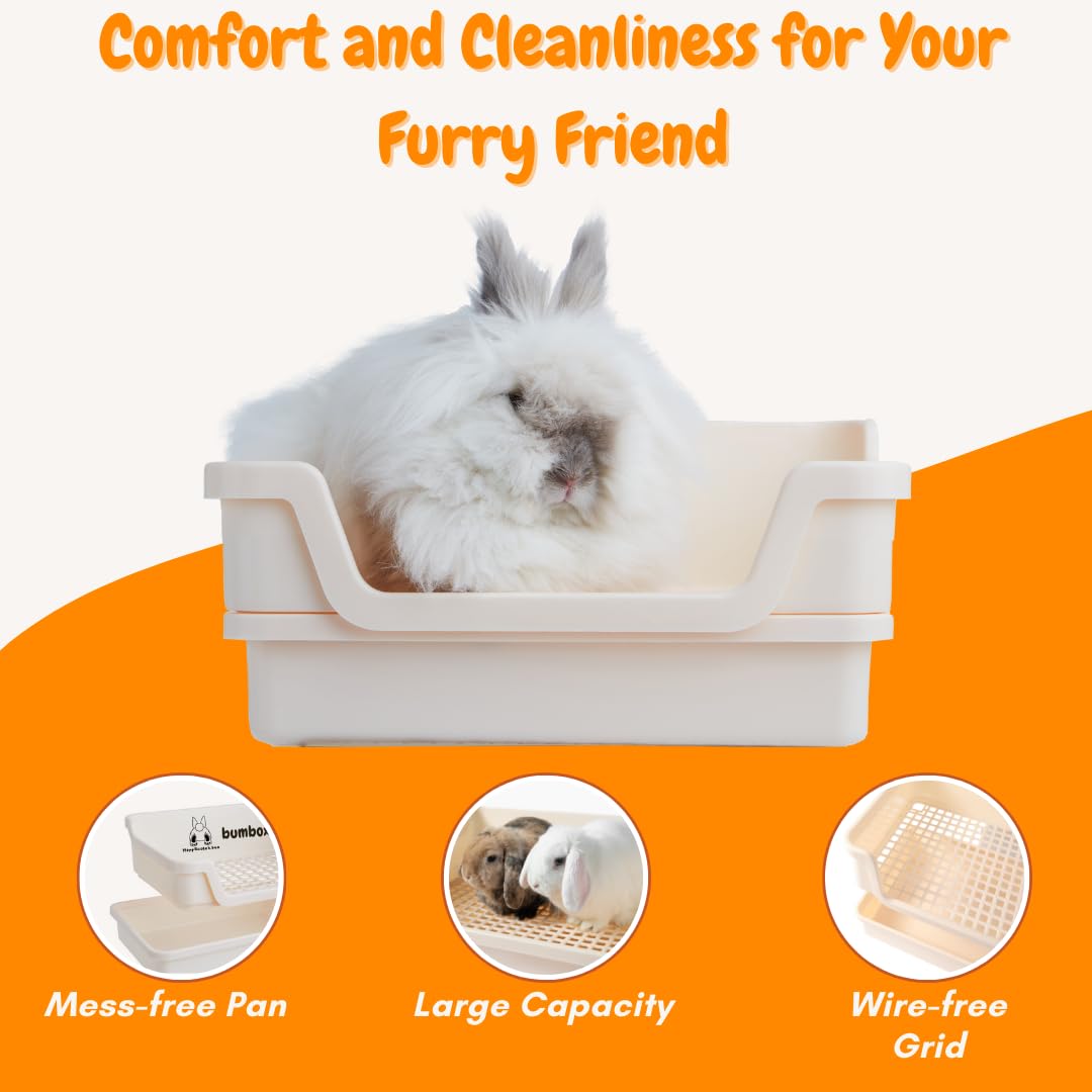Bumbox Rabbit Large Litter Box W/Plastic Grid Safe For Bunny Feet - Training Rabbit Cage Indoor Or Outdoor For Small And Large Animal, 15.75In -Cream