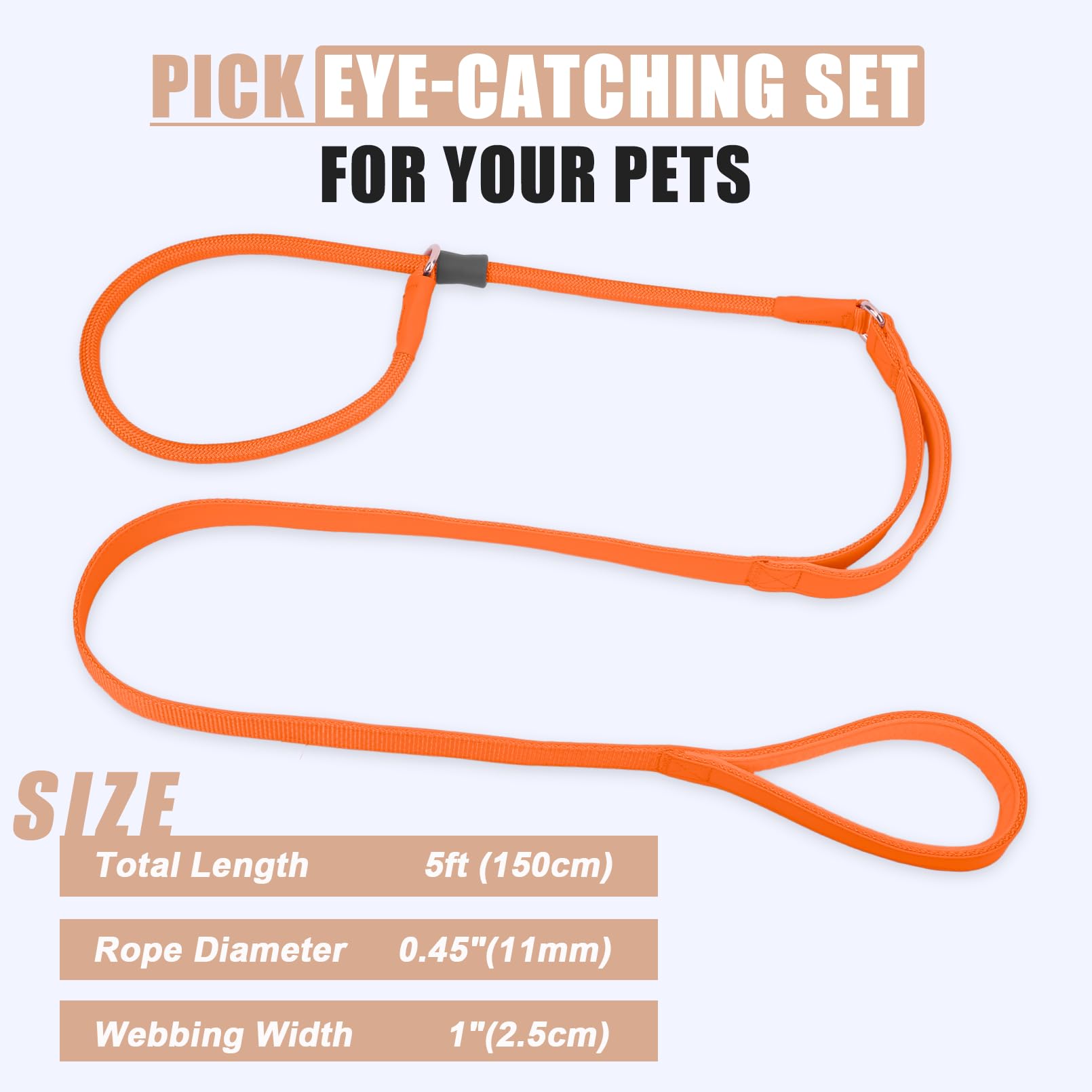 Aaufilux Slip Lead Dog Leash, Double Handle, Soft Leather, Heavy Duty Nylon, No Pull Walking, Medium Large Small Dogs, 5Ft Orang