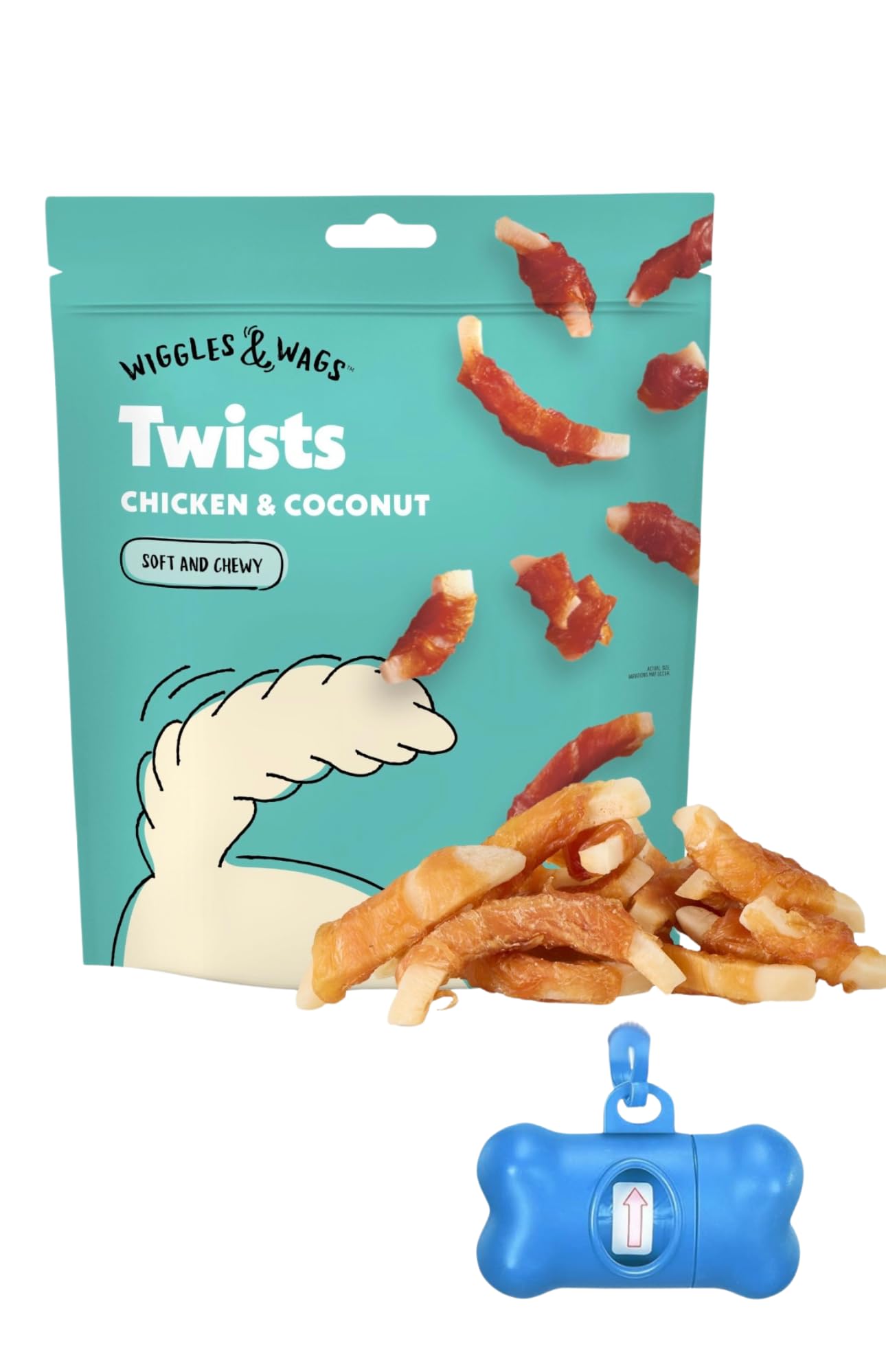 Wiggles & Wags Twists Dog Treats, Chicken and Coconut Flavor, 10 oz, with DN Essentials Bone-Shaped Waste Bag Dispenser & Roll