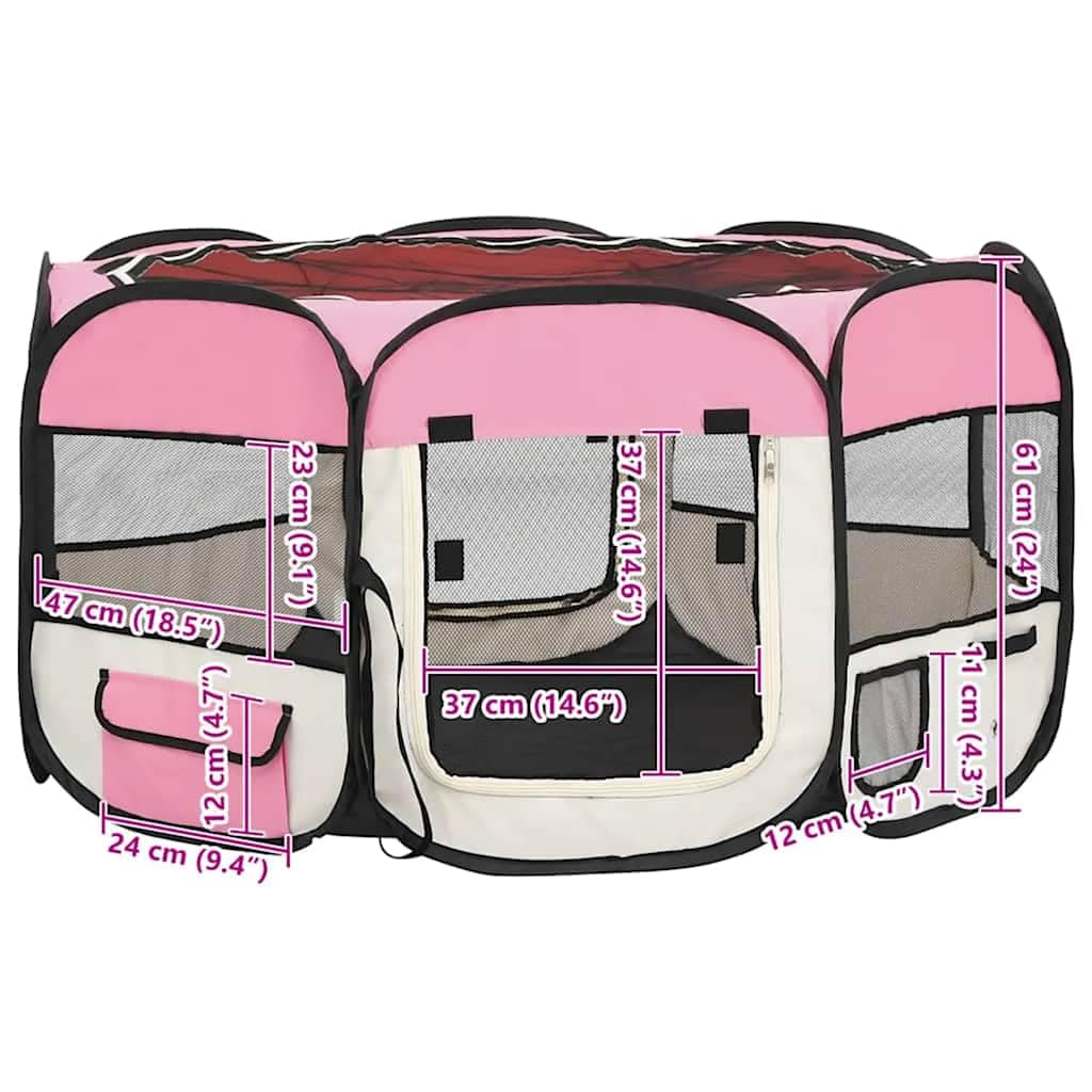 vidaXL Foldable Dog Playpen - Lightweight Pet Play Area with Carrying Bag - 49.2x49.2x24 - Pink and Cream