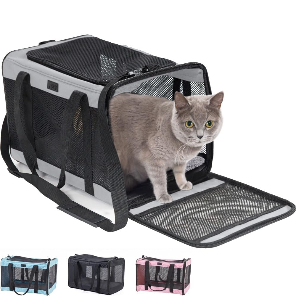 Gorilla Grip Airline Travel Cat Carrier Bag Up To 15 Lbs, Breathable Mesh Collapsible Pet Carriers For Small, Medium Cats, Small Dogs, Puppies, Portable Kennel With Soft Washable Waterproof Pad Gray