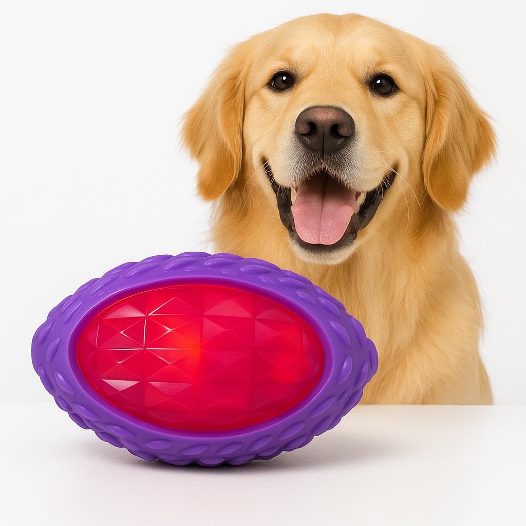 WAGGYTAILS Premium Squeaky LED Rugby Ball for Dogs (Made in U.S.A) 15 x 8 cm | Rubber Chew Toy with Flashing Light & Sound | Int