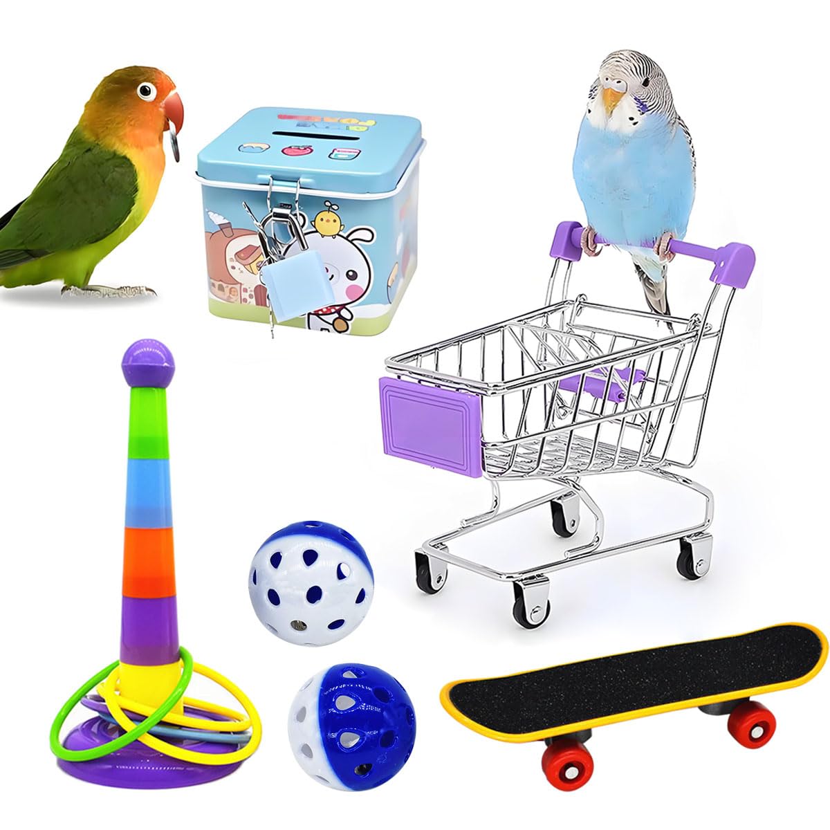 6Pcs Interactive Puzzle Toy Set For Small Parrots - Training, Stress Relief, Include Coin Box, Bell Ball, Skateboard & Ferrule T