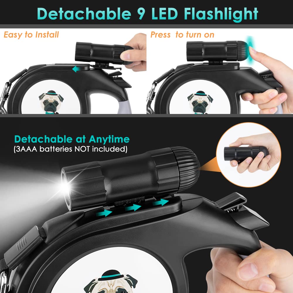 Nasus Retractable Dog Leash, 26Ft Pet Walking Leash With 9 Led Detachable Flashlight For Medium Large Dog Up To 100Lbs, With Hand Grip One Button Brake & Lock And Hook (Black-N)