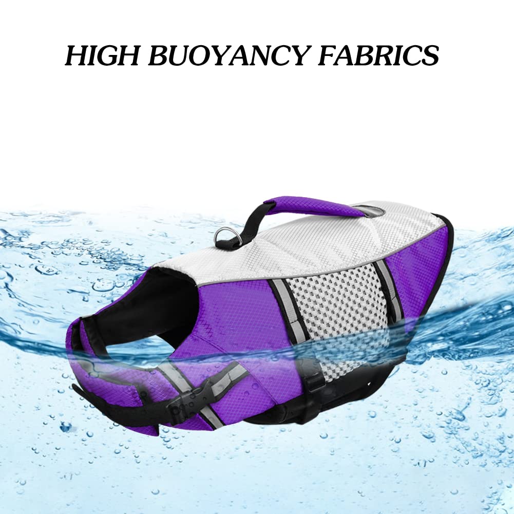 Dog Life Jacket Swimming Vest Lightweight High Reflective Pet Lifesaver With Lift Handle, Leash Ring Purple,Xs