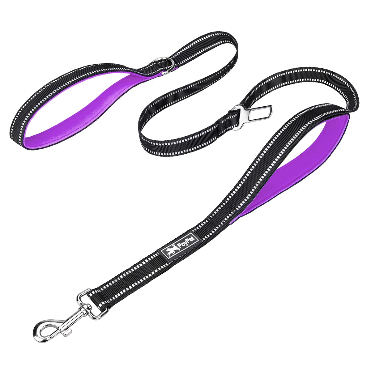 Poypet 5 Feet Dog Leash - 3M Reflective - 2 Cushioned Handles - Functional Car Seat Belt (Purple)