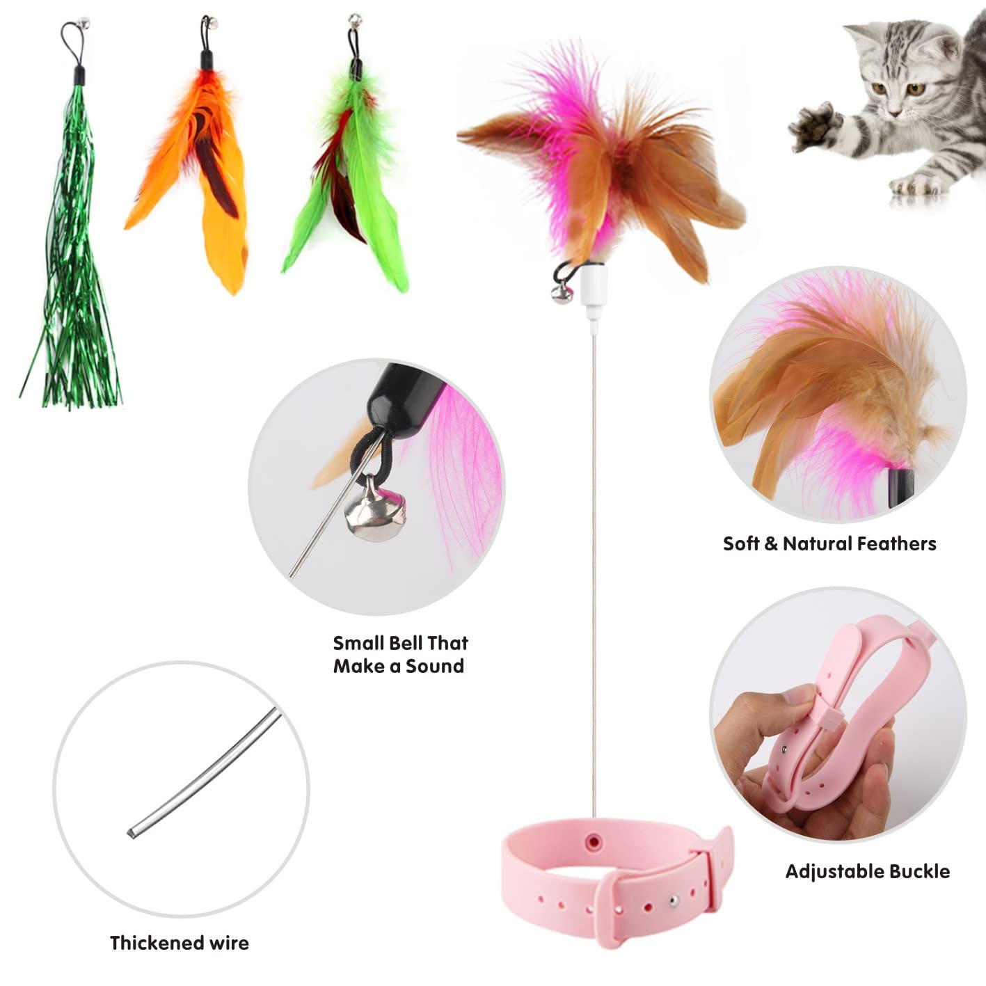 Otunrues Cat Feather Collar Toy, Interactive Toys For Indoor Cats Self Play Funny Teaser Wand Neck 3-In-1 Collar Toy Feathers Wi