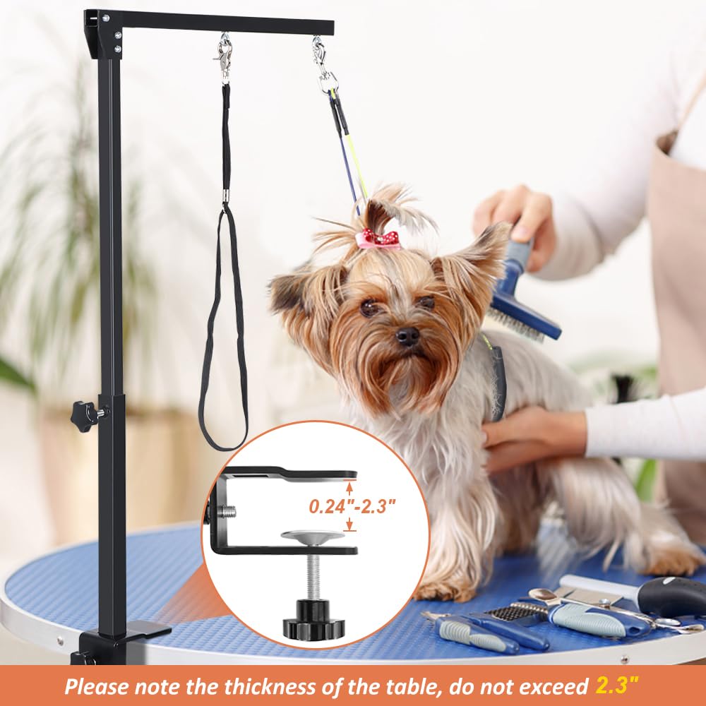 HIDOG Dog Grooming Arm with Clamp, Adjustable Dog Grooming Table Arm with Two No Sit Haunch Holder & Hammock Harness, Foldable P