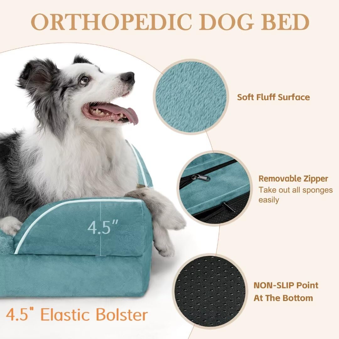 Comfort Expression Waterproof Large Dog Beds, Orthopedic Dog Beds For Large Dogs, Comfy Pet Bed Sofa With Washable Removable Cover & Non-Slip Bottom(Large,Washed Blue)