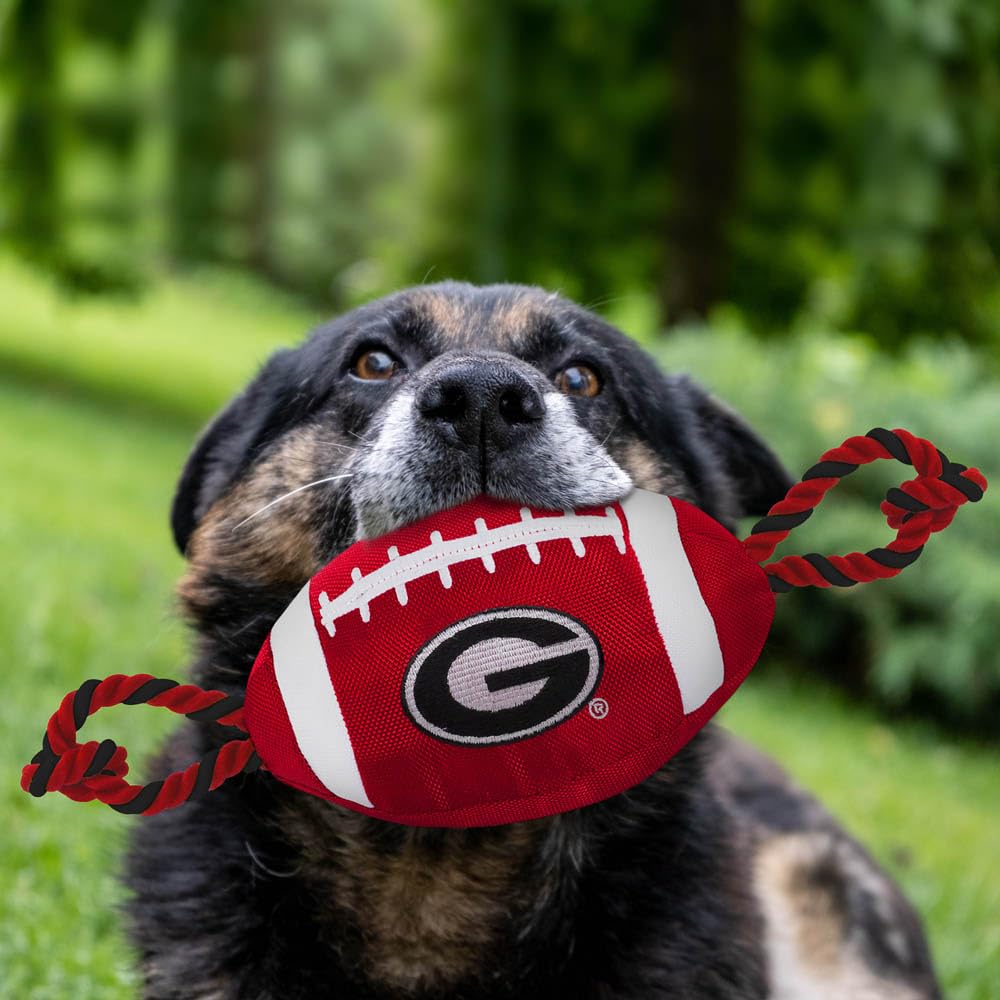 Pets First NCAA Georgia Bulldogs Football Dog Toy, Tough Quality Nylon Materials, Strong Pull Ropes, Inner Squeaker, Collegiate