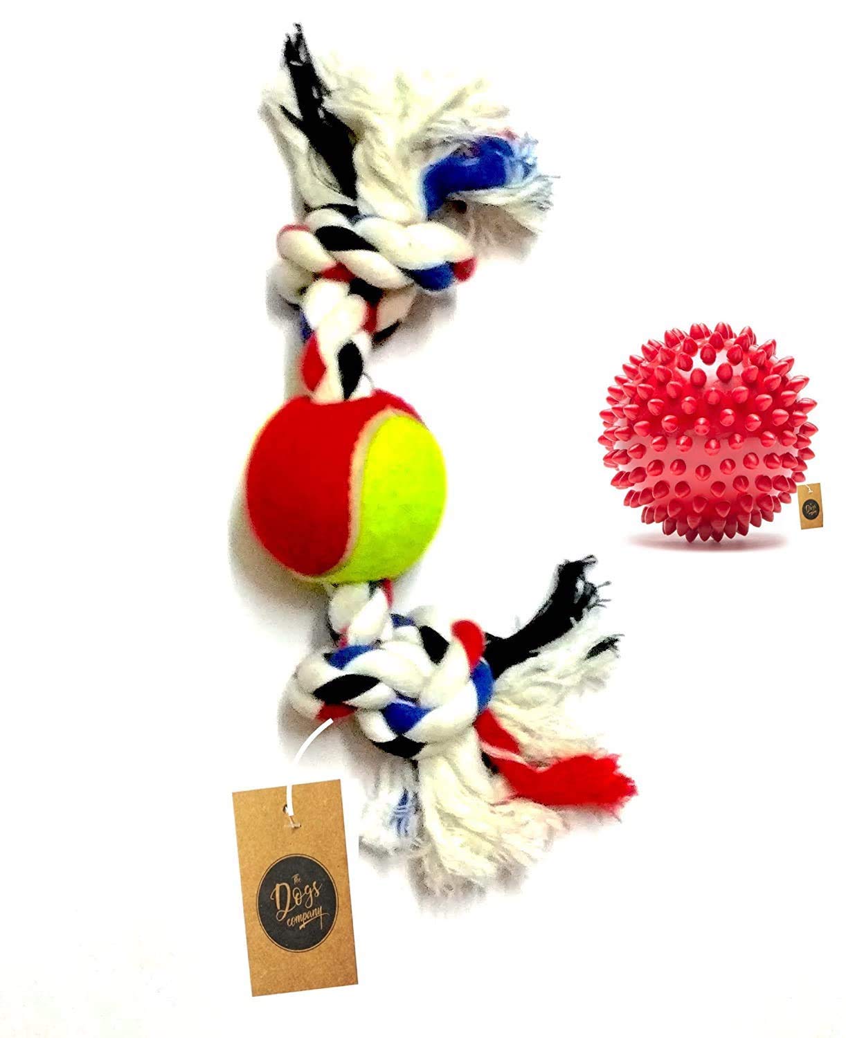 The Dogs Company Rubber Spike Ball And Rope With Tennis Ball, Chew Toy For Small Dogs