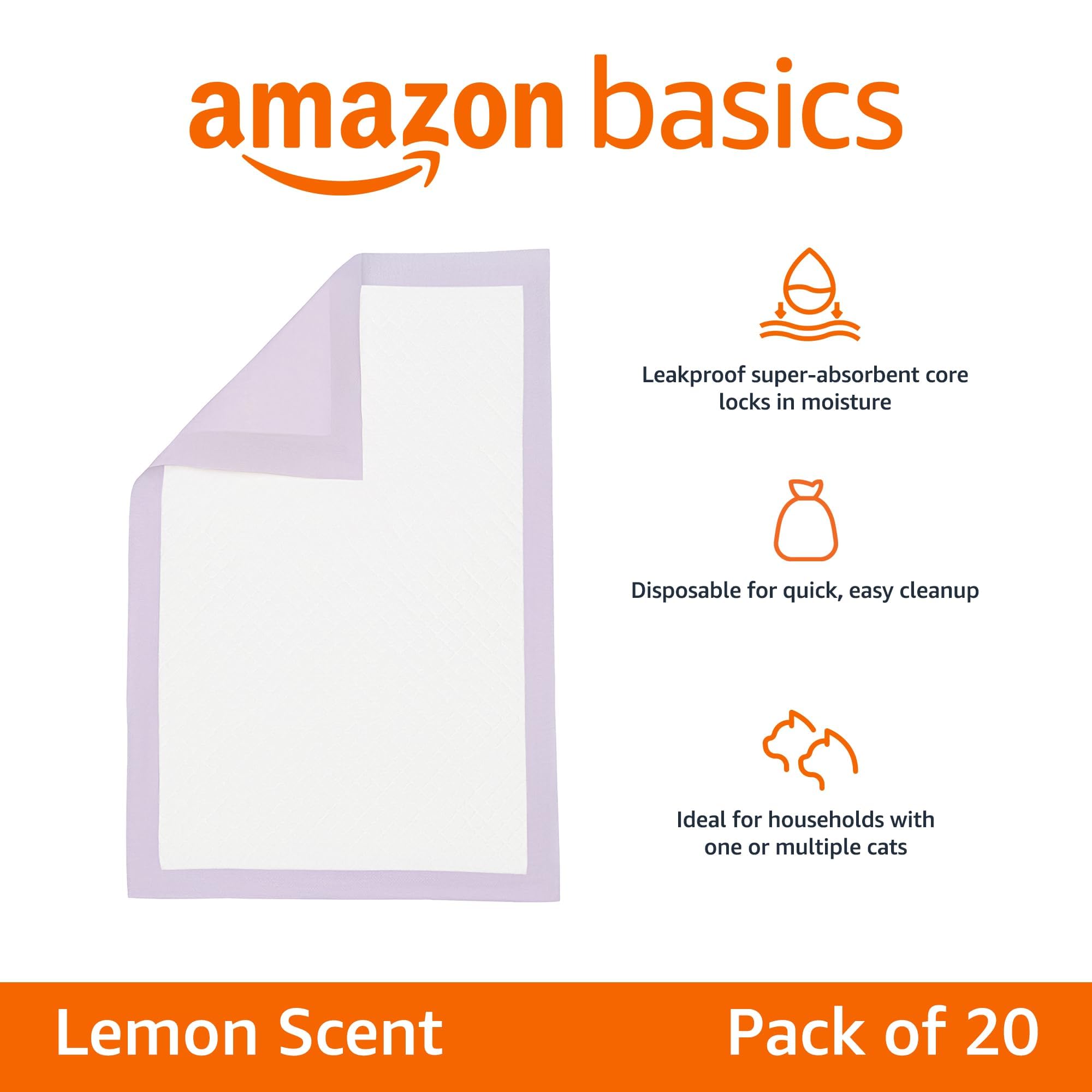 Amazon Basics Cat Litters Pee Pads, 20 Count, Universal Fit For Litter Box, Odor Control With Lemon Scent, Purple And White
