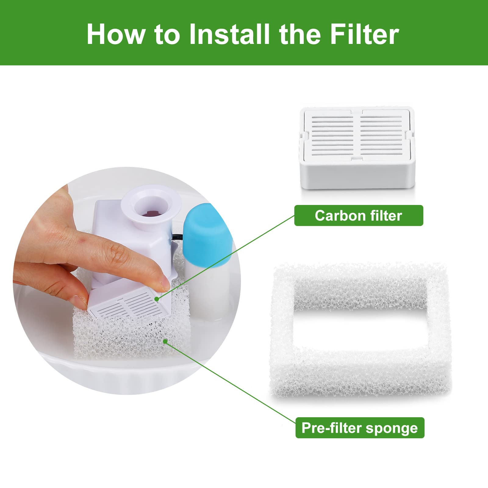 VinDox Pet Fountain Replacement Filters, 8 Cat Fountain Carbon Filters and 2 Foam Pre-Filters for Cupcake Ceramic Pet Fountain P