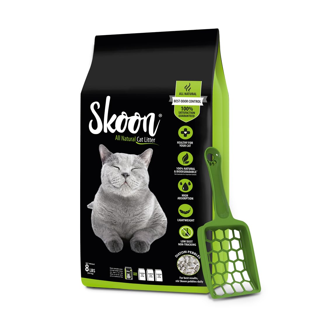 Skoon All Natural Cat Litter + Pooper Skooper - Original - Lightweight, Low Tracking, Non-Clumping Diatom Pebbles Absorb, Lock, 
