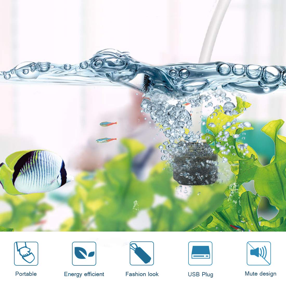 Useekoo USB Aquarium Air Pump - Ultra Durable, Quiet, Small Air Bubbler with Air Stone & Silicone Tube - Dark Blue
