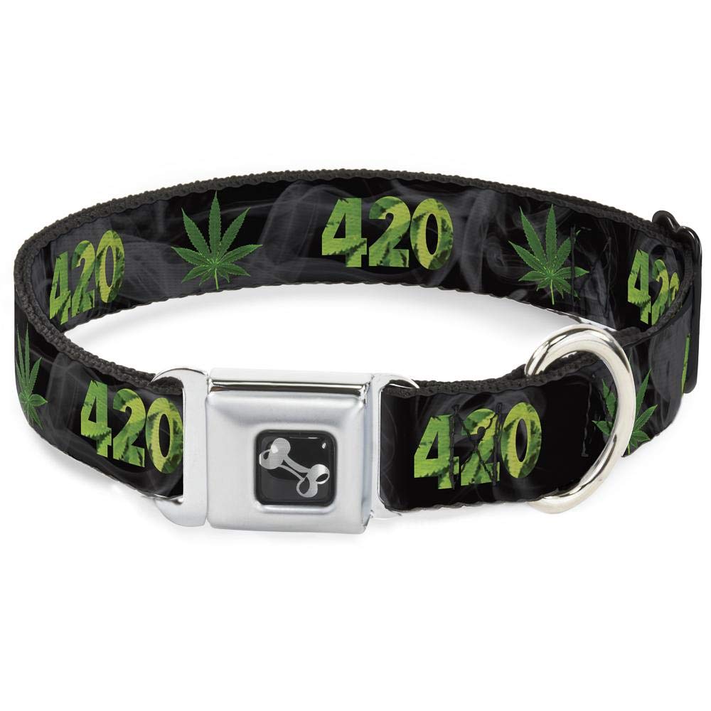 Buckle-Down Seatbelt Buckle Dog Collar - 420/Pot Leaf Black/Smoke/Green - 1' Wide - Fits 11-17' Neck - Medium